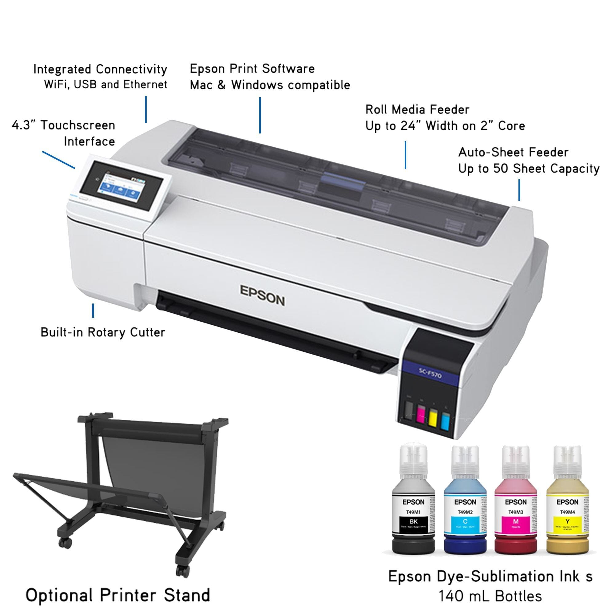 Epson SureColor Pro F570 Desktop 24 Dye Sublimation Paper Printer Bundle - Epson F570 Bundle